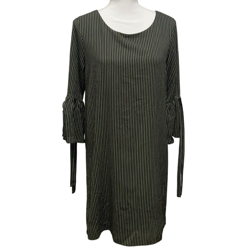 Everly Women's Olive Green Striped Dress‎ Bell Sleeve Tie Cuff Career